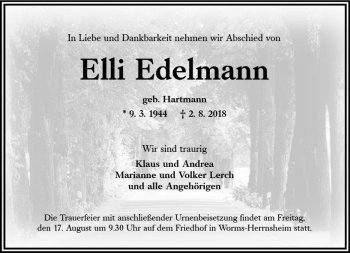 Traueranzeige von Elli Edelmann von vrm-trauer