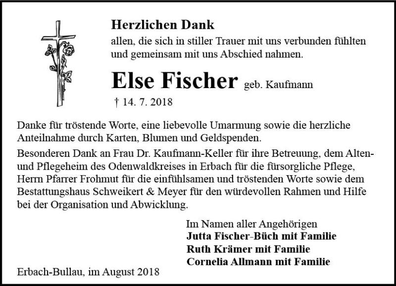 Traueranzeige für Else Fischer vom 18.08.2018 aus vrm-trauer