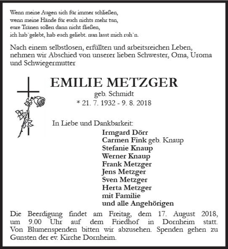  Traueranzeige für Emilie Metzger vom 15.08.2018 aus vrm-trauer