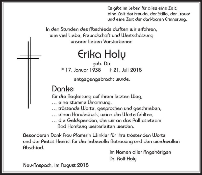  Traueranzeige für Erika Holy vom 25.08.2018 aus  Usinger Anzeiger