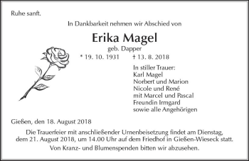 Traueranzeige von Erika Magel von  Gießener Anzeiger