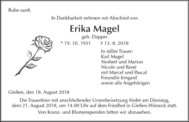  Traueranzeige für Erika Magel vom 18.08.2018 aus  Gießener Anzeiger