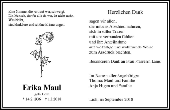 Traueranzeige von Erika Maul von  Gießener Anzeiger