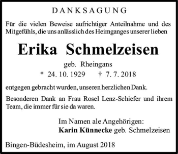 Traueranzeige von Erika Schmelzeisen von vrm-trauer