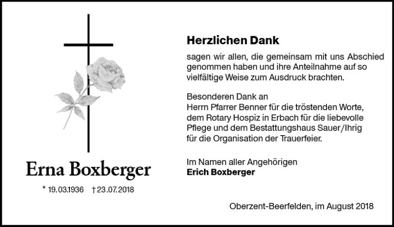  Traueranzeige für Erna Boxberger vom 24.08.2018 aus vrm-trauer