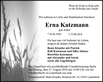 Traueranzeige von Erna Katzmann von VRM Trauer