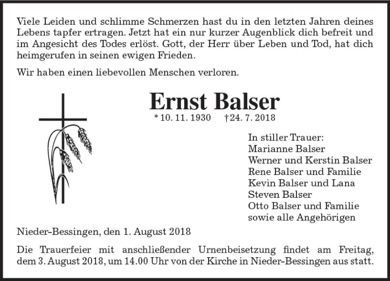  Traueranzeige für Ernst Balser vom 01.08.2018 aus  Gießener Anzeiger