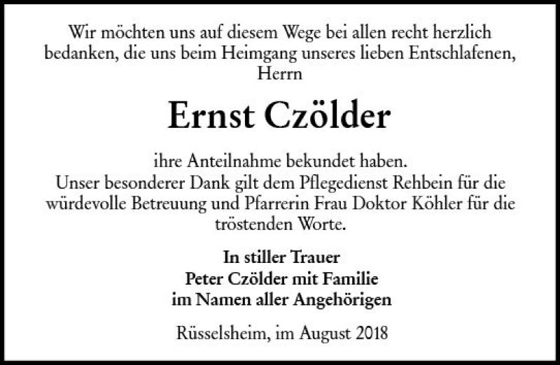  Traueranzeige für Ernst Czölder vom 11.08.2018 aus vrm-trauer