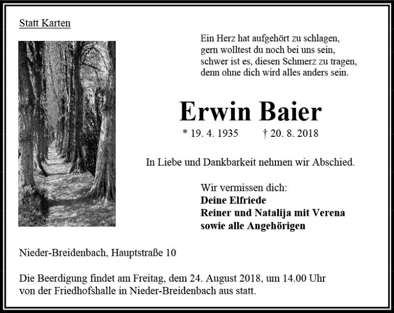  Traueranzeige für Erwin Baier vom 22.08.2018 aus VRM Trauer
