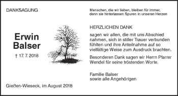 Traueranzeige von Erwin Balser von  Gießener Anzeiger