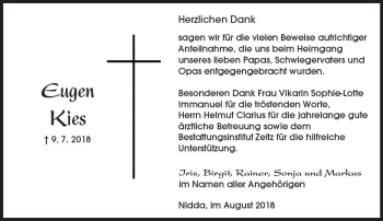 Traueranzeige von Eugen Kies von  Kreisanzeiger