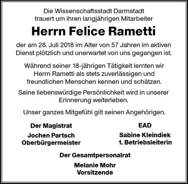  Traueranzeige für Felice Rametti vom 11.08.2018 aus vrm-trauer