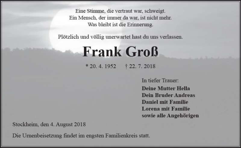  Traueranzeige für Frank Groß vom 04.08.2018 aus  Kreisanzeiger