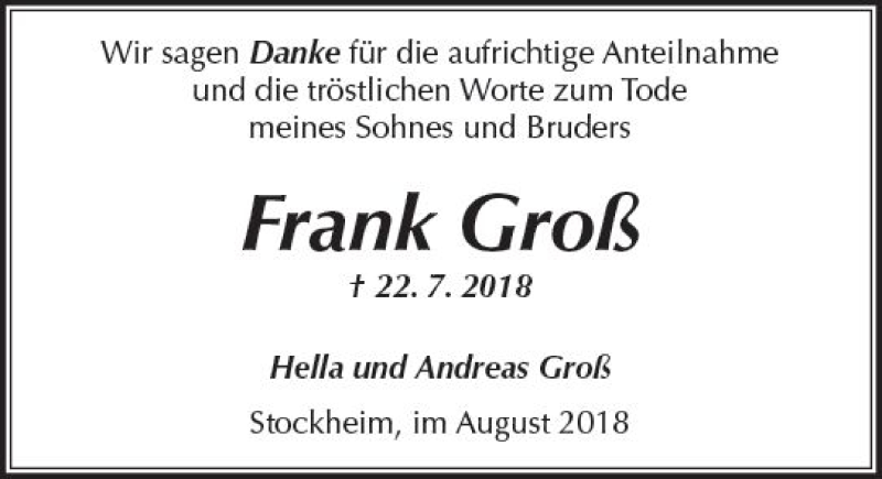  Traueranzeige für Frank Groß vom 25.08.2018 aus  Kreisanzeiger