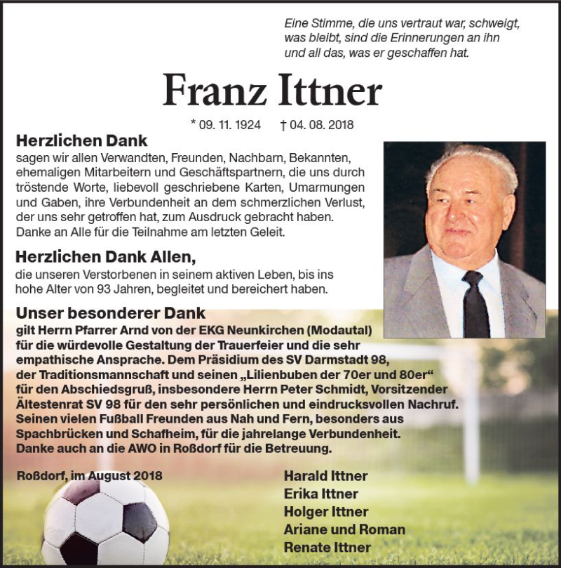  Traueranzeige für Franz Ittner vom 25.08.2018 aus vrm-trauer