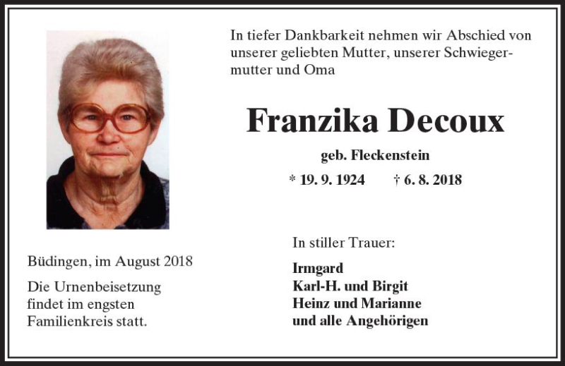  Traueranzeige für Franzika Decoux vom 18.08.2018 aus  Kreisanzeiger