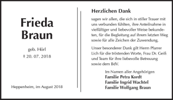 Traueranzeige von Frieda Braun von vrm-trauer