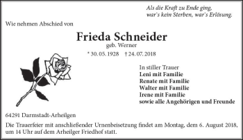 Traueranzeige von Frieda Schneider von vrm-trauer