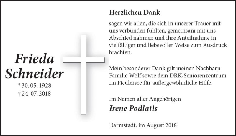  Traueranzeige für Frieda Schneider vom 25.08.2018 aus vrm-trauer