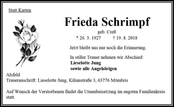 Traueranzeige von Frieda Schrimpf von VRM Trauer
