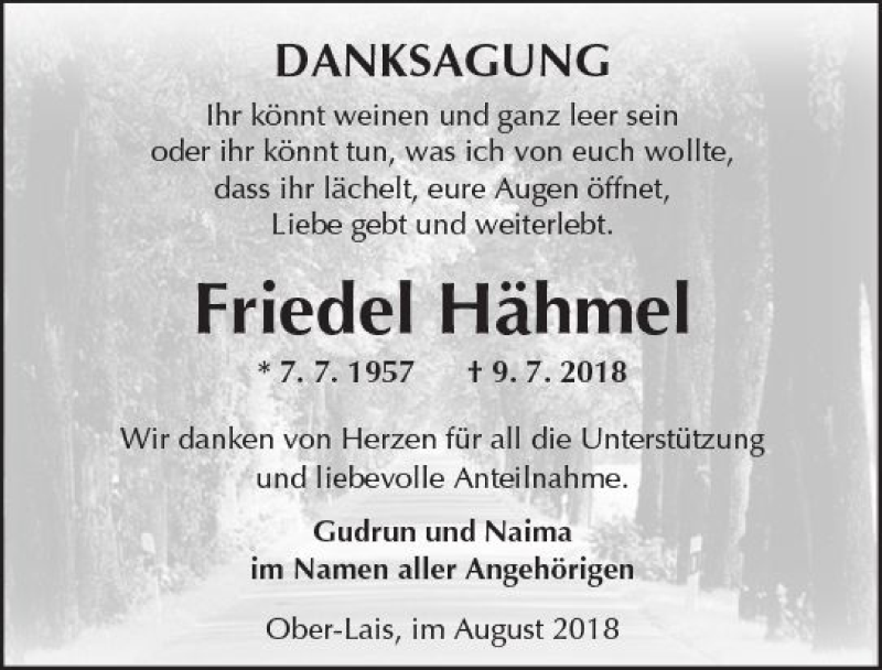  Traueranzeige für Friedel Hähmel vom 11.08.2018 aus  Kreisanzeiger