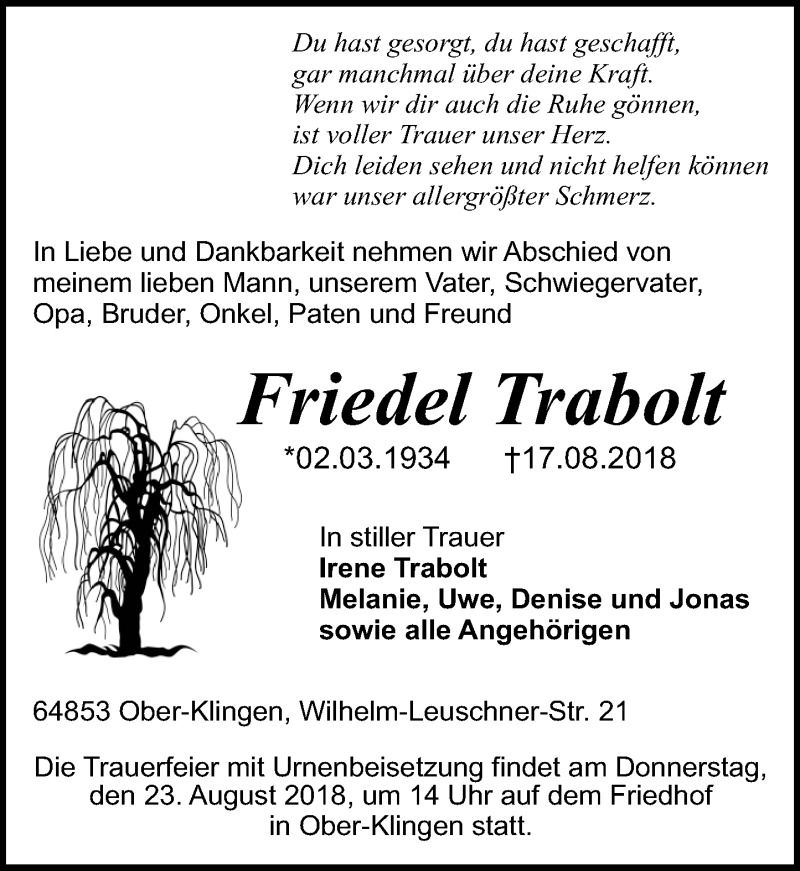  Traueranzeige für Friedel Trabolt vom 21.08.2018 aus vrm-trauer