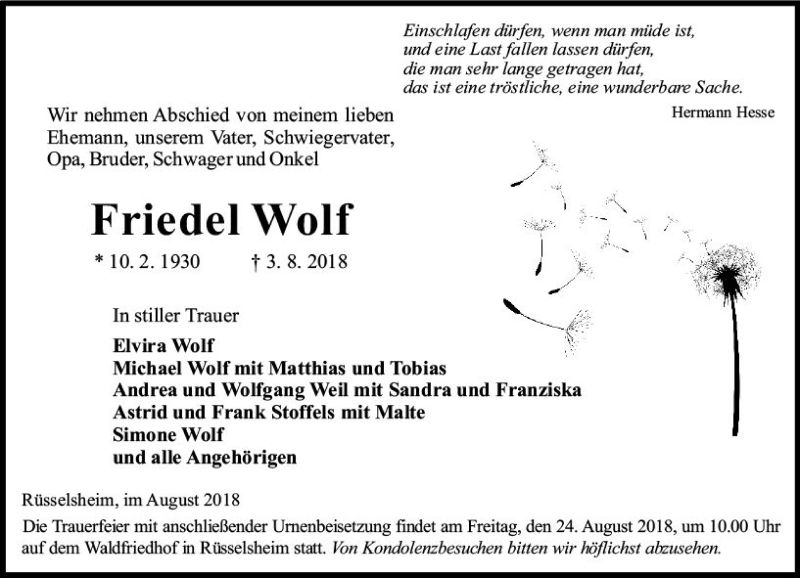  Traueranzeige für Friedel Wolf vom 11.08.2018 aus vrm-trauer