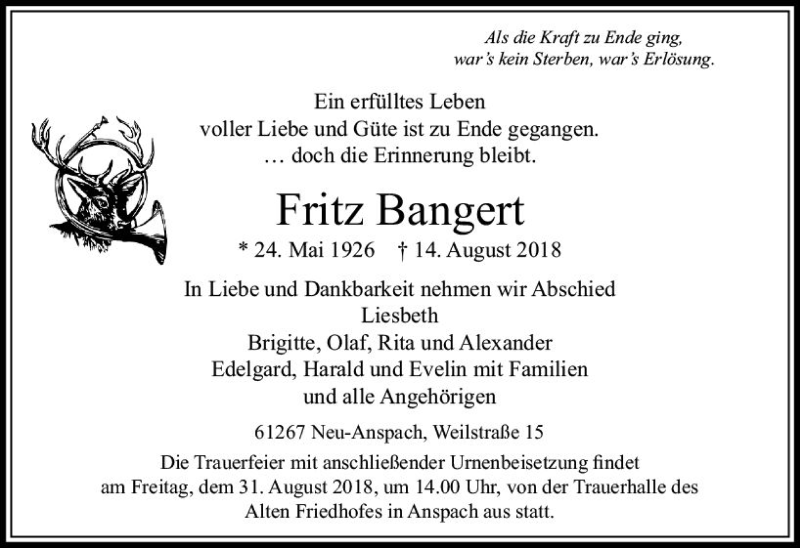  Traueranzeige für Fritz Bangert vom 22.08.2018 aus  Usinger Anzeiger
