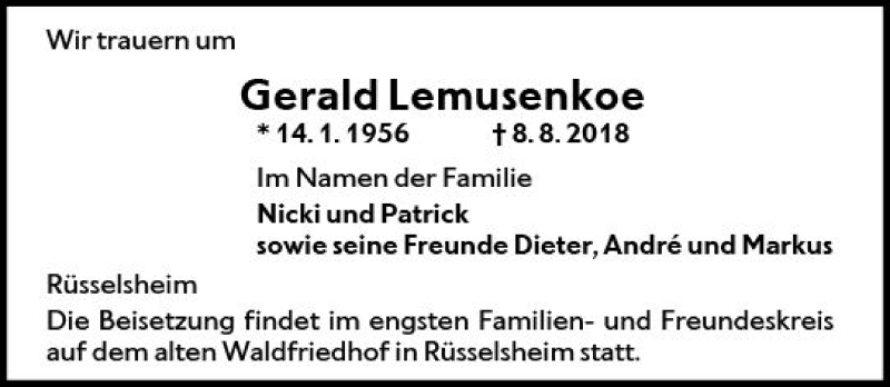  Traueranzeige für Gerald Lemusenkoe vom 18.08.2018 aus vrm-trauer