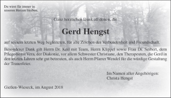 Traueranzeige von Gerd Hengst von  Gießener Anzeiger