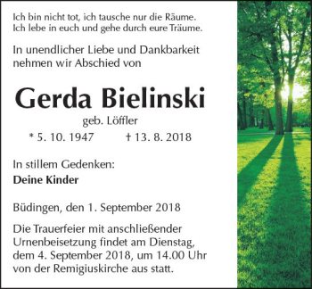 Traueranzeige von Gerda Bielinski von  Kreisanzeiger