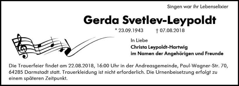  Traueranzeige für Gerda Svetlev-Leypoldt vom 11.08.2018 aus vrm-trauer