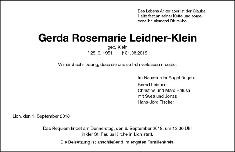  Traueranzeige für Gerda Rosemarie Leidner-Klein vom 01.09.2018 aus  Gießener Anzeiger