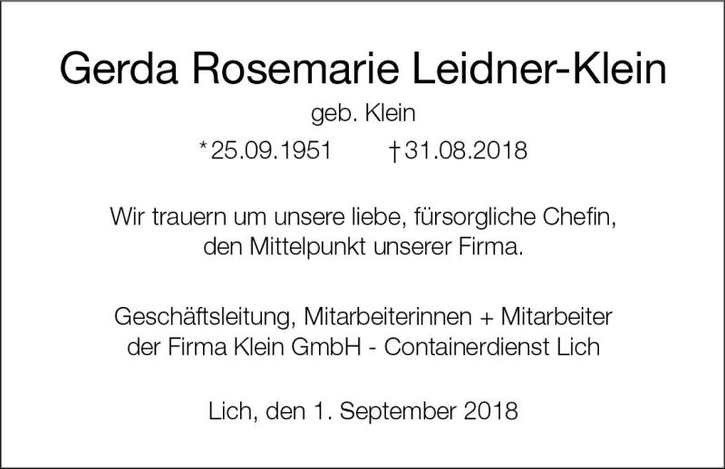  Traueranzeige für Gerda Rosemarie Leidner-Klein vom 01.09.2018 aus  Gießener Anzeiger