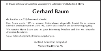 Traueranzeige von Gerhard Baum von vrm-trauer