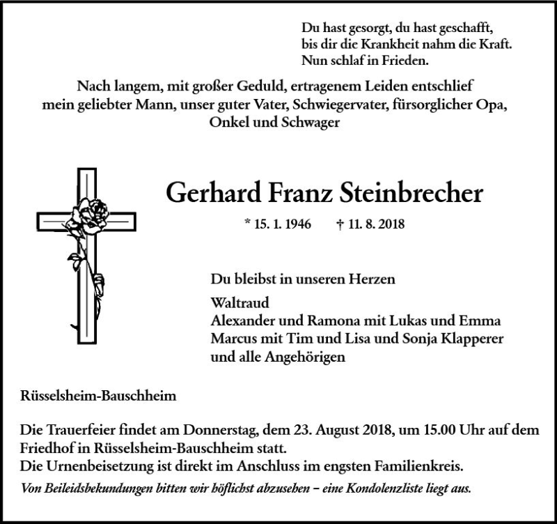  Traueranzeige für Gerhard Franz Steinbrecher vom 18.08.2018 aus vrm-trauer