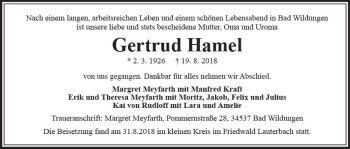 Traueranzeige von Gertrud Hamel von VRM Trauer