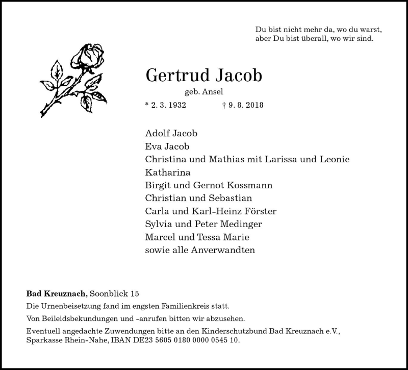  Traueranzeige für Gertrud Jacob vom 18.08.2018 aus vrm-trauer