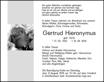 Traueranzeige von Gertud Hieronymus von vrm-trauer