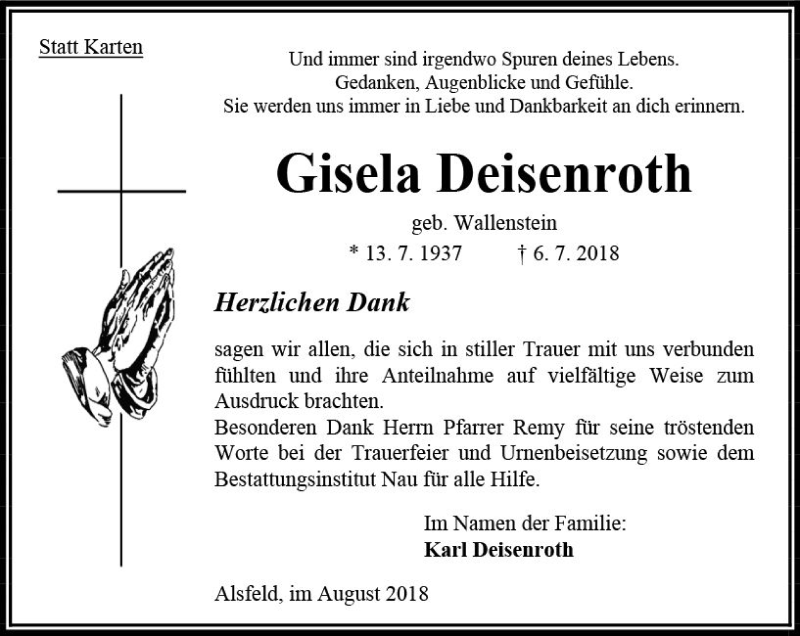  Traueranzeige für Gisela Deisenroth vom 11.08.2018 aus VRM Trauer