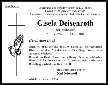 Traueranzeige von Gisela Deisenroth von VRM Trauer