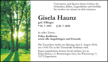Traueranzeige von Gisela Haunz von vrm-trauer