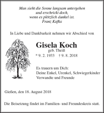 Traueranzeige von Gisela Koch von  Gießener Anzeiger
