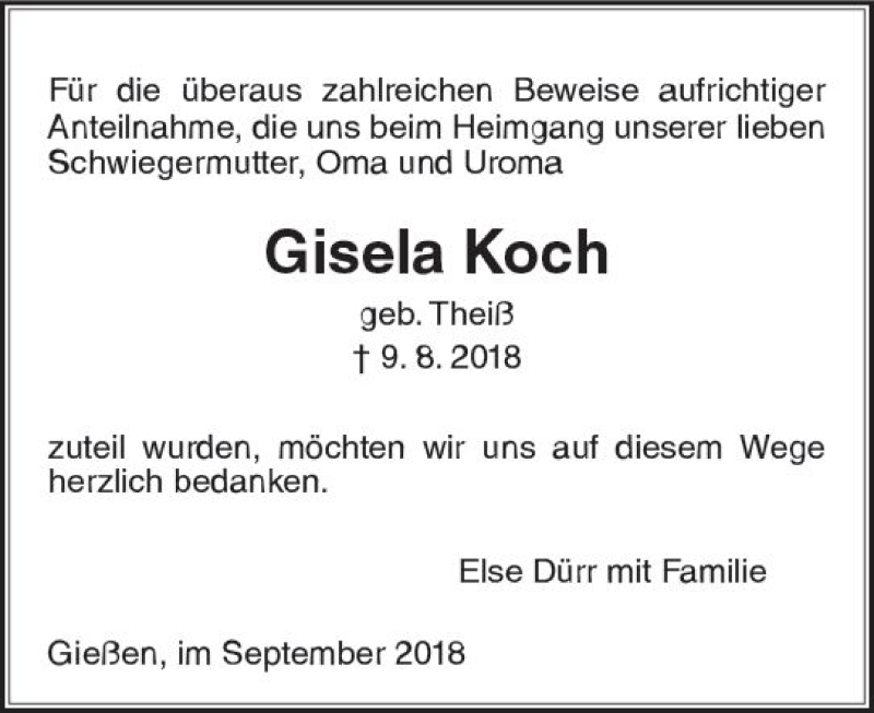  Traueranzeige für Gisela Koch vom 01.09.2018 aus  Gießener Anzeiger