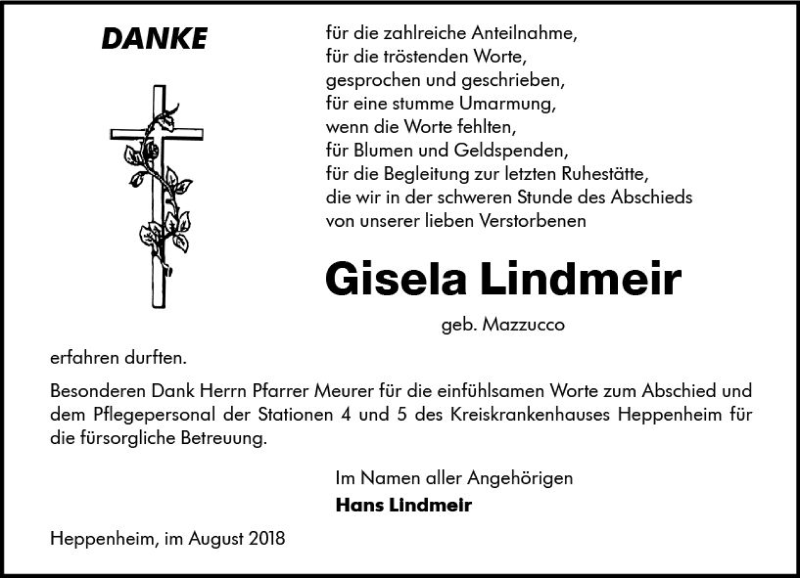  Traueranzeige für Gisela Lindmeir vom 25.08.2018 aus vrm-trauer