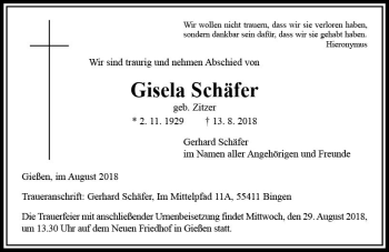 Traueranzeige von Gisela Schäfer von  Gießener Anzeiger