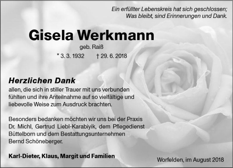  Traueranzeige für Gisela Werkmann vom 01.08.2018 aus vrm-trauer
