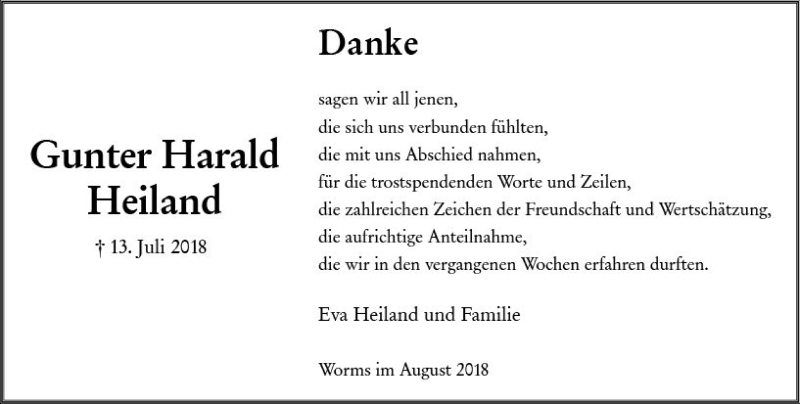  Traueranzeige für Gunter Harald Heiland vom 04.08.2018 aus vrm-trauer