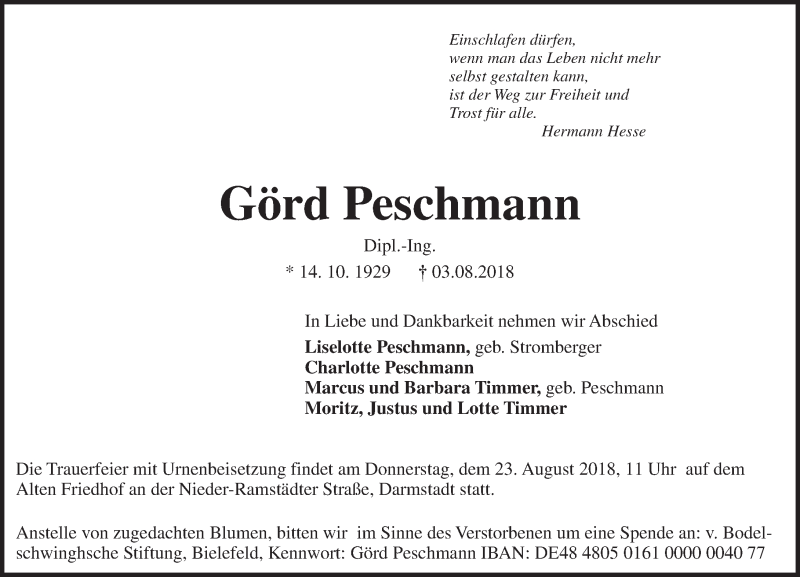  Traueranzeige für Görd Peschmann vom 21.08.2018 aus vrm-trauer