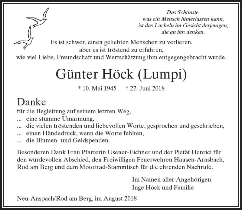 Traueranzeige für Günter Höck vom 04.08.2018 aus  Usinger Anzeiger